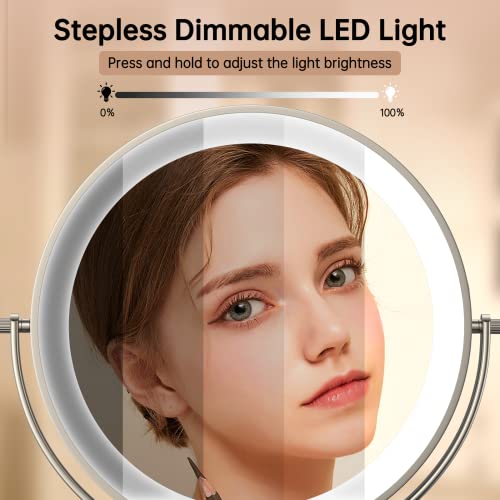 Anfauny 8" Lighted Makeup Mirror With Magnification, 1X/10X Double Sided Vanity Mirror With 3 Color Lights, Rechargeable 54 Leds Dimmable Touch Sensor & 360° Rotation Tabletop Cosmetic Mirror, Nickel #TOP3