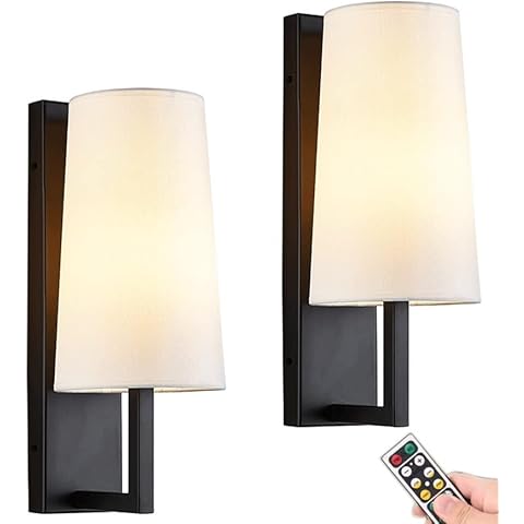 Modern Wall Sconces Lighting Battery Operated Set of 2 with Remote Timer,Indoor Wireless Wall Light Fixture with Fabric Shade Battery Wall Lamp Wall Decor for Bedroom,Bathroom,Living Room,Hallway (Co Cover