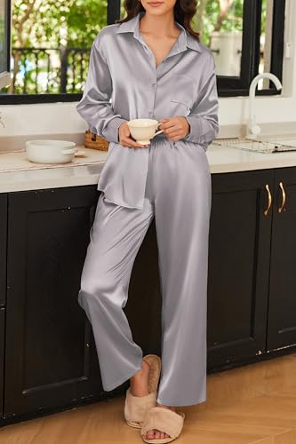 Ekouaer Womens Satin Silky Pajama Set 2 Piece Print PJs Soft Loungewear Button Down Sleepwear with Elastic Waist Long Pants