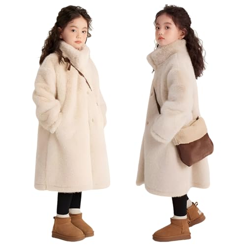 Girl's Fluffy Faux Fur Long Overcoat Button Down Stand Collar Winter Warm Outwear with Pockets3