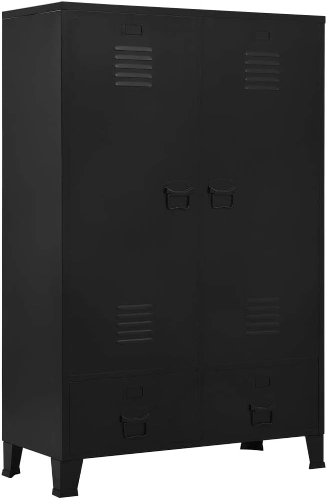 vidaXL Wardrobe, 2-Door Armoire with Drawers and Hanging Rod, Clothes Storage Organizer for Living Room Bedroom, Industrial, Black Steel