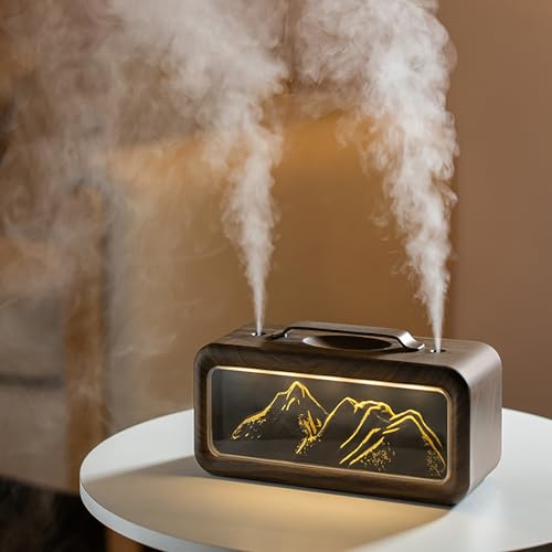 Double Spray Humidifier, 600ML Snow Mountain Small Quiet Cool Mist Humidifier for Plants Dorm Room Bedroom Office Home Personal Humidificador with 2 Mist Modes & 3 Modes Night Light