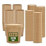 JarThenaAMCS 120 Pack 12oz Kraft Paper Soup Containers with Lids Disposable Ice Cream Pint Cups Microwavable Serving Bowls for Home Restaurant Food Storage