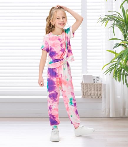 Image of Girls Clothing Sets Tie Dye Twist Front Tops & Sweatpants Outfits Sportwear Sweatsuits Tracksuits Purple 5-6 Years