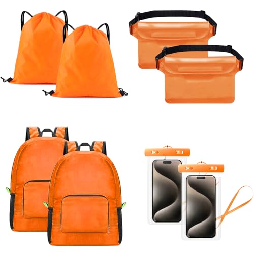 G GENLEAS Lightweight Outdoor 8 Piece Set, 2 Basic Backpacks 2 Drawstring Bags 2 Waterproof Waist Packs 2 Waterproof Phone Pouches for Adult Travel Camping Outdoor Cycling