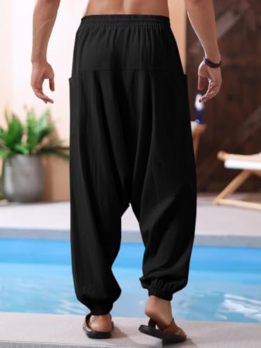Runcati Herren Baumwolle Haremshosen Baggy Hippie Casual Leinen Yoga Hose Strand Tief Schritt Trouser Schwarz M