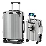 [SupTrip] スーツケース 機内持ち込み キャリーケース USBポート付き キャリーバッグ カップホルダー付き 隠しフック機能 多機能 大型 超軽量 静音 ダブルキャスター 耐衝撃 360度回転 軽量 ビジネス 修学 泊まる 旅行 出張 (シルバー, Lサイズ (7泊～長期旅行))