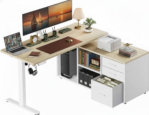 Marsail L-Shaped Executive Standing Desk with File Cabinet 55 x 24 Electric Height Adjustable Stand up Desk One-Whole Piece Desktop Home Office Modern Computer Deskwith 4 Memory Presets