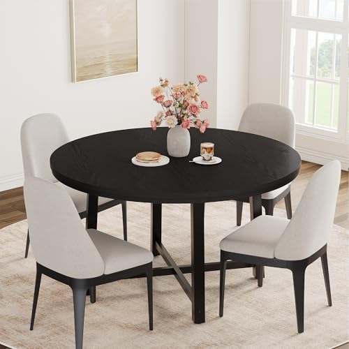 47 in Round Dining Table Industrial Dinner Table for 4 to 6 Wooden Kitchen Table with Sturdy Metal Frame & Rustic Light Oak Finish Circle Kitchen Table for Dining Room KitchenNo Chairs) Black