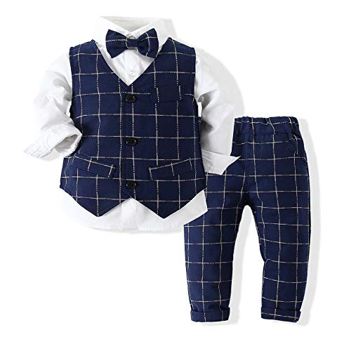 Kimocat Baby Boys Gentleman Outfit Suits College Style Long Sleeve Shirt+ Pants+Vest+Bow Tie Set (Blue 2, 6-12 Months)