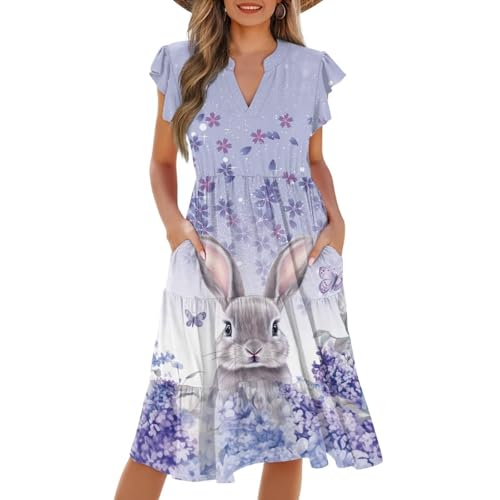 Image of Women's Casual Ruffle Sleeve Dress V Neck Pullover Dress Flowy A-Line Pleated Lightweight Dress with Pockets