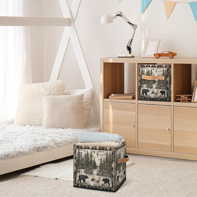 Vintage Bear Woodland Cube Storage Bin 11 x 11 x 11, 2 Pack Collapsible Fabric Storage Bin, Foldable Cube Baskets for Shelf, Closet, Organizer