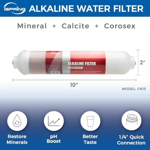 Image of iSpring FA15-N Alkaline Inline Water Filter Cartridge, 10 inch x 2 inch with 1 /4 inch Quick Connect, NSF Certified, Add-on for RO Systems, Balances pH & Restores Minerals, 3-Layer Replacement Filter