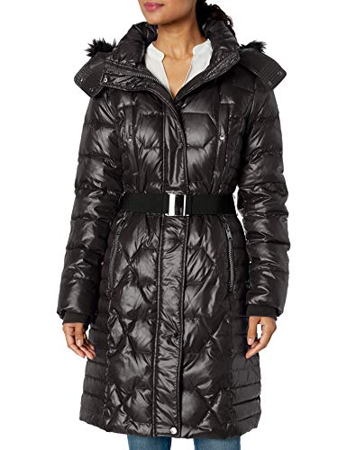 Marc New York by Andrew Marc Women's Plymouth Belted Down Jacket with Faux Fur Removable Hood, Black, Small