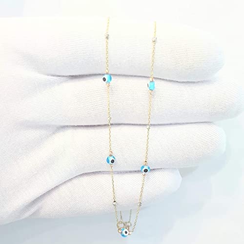 Cleopatra Gold&Silver 14K Real Solid Gold Lucky Blue Beaded Evil Eye And Italian Balls Dainty Charm Pendant Necklace For Women thumb #5