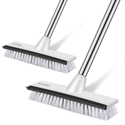 Image of SetSail Floor Scrub Brush with 51-Inch Long Adjustable Handle 2 in 1 Scrape Brush Stiff Bristle Floor Scrubber for Cleaning Shower Bathroom Garage Kitchen Wall Deck Tub Tile, 2 Pack