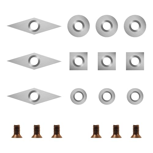 SIIIXS 18 Pieces Tungsten Carbide Cutters Inserts Set for Wood Lathe Turning Tools Include 11 mm Square with Radius, 12 mm and 8.9 mm Round, 30 x 10 mm Diamond with Pointed Point,6 Pieces Screws