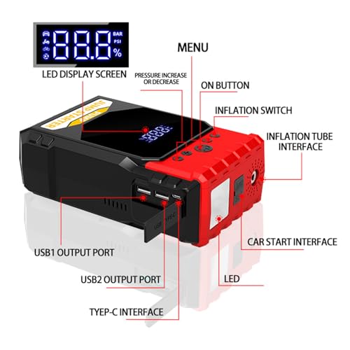 Jump Starter with Air Compressor, 6000A Car Battery Jumper Starter (10.0 Gas/8.0L Diesel), 12V Jump Starter Battery Pack, Portable Jump Box with LED Display, Flashlight and Jumper Cable - Image 8