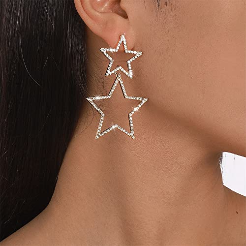 Rhinestone Big Star Dangle Earrings for Women Girls Hypoallergenic Crystal Long Tassel Stars Charms Drop Dangling Stud Fashion Lightweight Festival Christmas Birthday Party Jewelry Dainty Gifts for Friends Fans4