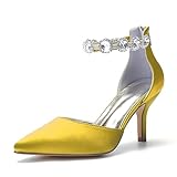 Hyinlays Women's Closed Pointed Toe High Heel Satin Ankle Strap Pumps Wedding Bridal Evening Party Dress Shoes Yellow