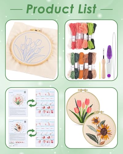 Image of ERKOON Punch Needle Kit Adults Beginners, 2 Pcs DIY Easy Flower Embroidery Set for Starter Art Craft, Needling Punching Project with Patterns, Tools, Yarns, Hoop, Instruction (Sunflowers & Tulips)