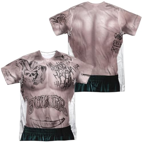 Popfunk Suicide Squad Joker Tattoos (Front/Back Print) 100% Polyester Adult Costume T Shirt for Men & Women 2X-Large White