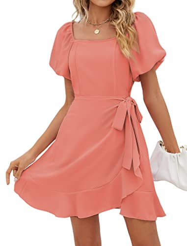 Sampeel Plus Size Dress Women Off Shoulder Hide Belly Tie Waist Church Summer Dresses Coral 2XL