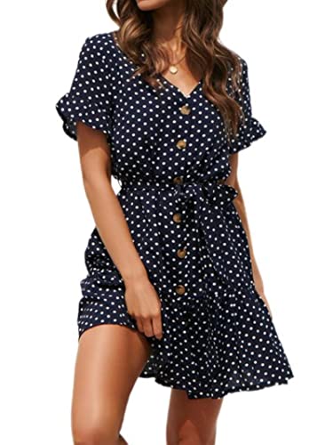 Robe d'été de plage pour femmes col V bleu marine à manches courtes