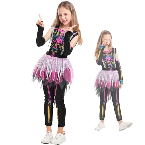 JUST FOR PARTY Girls Colorful Skeleton Dress Costume Tutu Skirt Scary Cosplay for Halloween,Child Size 4-6 Years