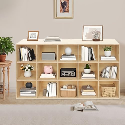 15-Cube Storage Shelf Bookcase, 3-Tier Solid Wood Floor Standing Open Bookshelf, Minimalist Display Storage Bookshelves for Living Room, Bedroom, 59’’W x 35’’H(Log Color)