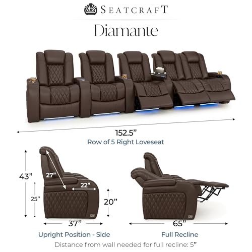 Image of Seatcraft Diamante Brown Italian Leather Home Theater Seating, Zero Gravity Power Recliner Gaming and Home Office Chair, Powered Headrest Lounge Sofa Furniture Cinema Room, Row of 5 Right Loveseats