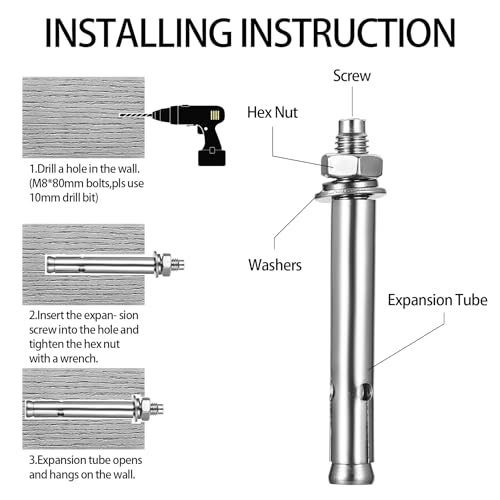 11 Stück M8 Schwerlastdübel, M8 x 80 mm Edelstahl Ankerbolzen, Ankerschrauben Expansion Schraube Bolzen, Schwerlastanker Bolzendübel, Expansionsschraube Dehnschrauben für Wandbau Befestigungsanker