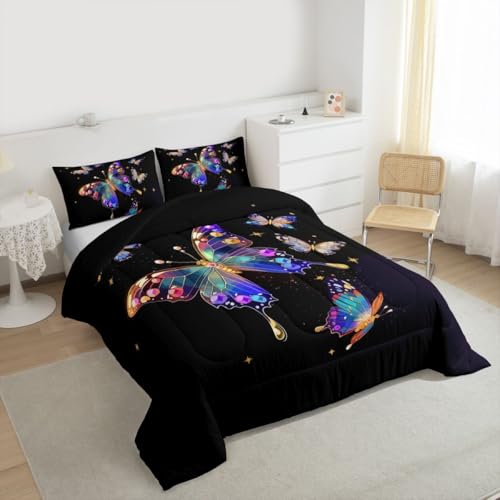 Image of Erosebridal Flying Butterfly King Size Comforter Set for Kids Teens Adults,Diamond Butterflies Bedding Sets,Outer Space Galaxy Duvet Insert,Starry Sky Quilt Bedroom Decor