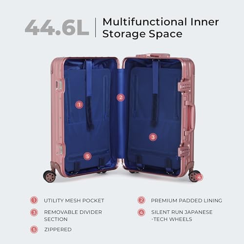 Image of Verage Luxe Secure Jet Full Aluminium Body (44 Liters) Cabin Size Luggage with Zipper Less Frame Closure & Dual TSA Clasp Locks Spinner Suitcase Trolley Bag (Rose Gold, 20 inch / 57 Cms)