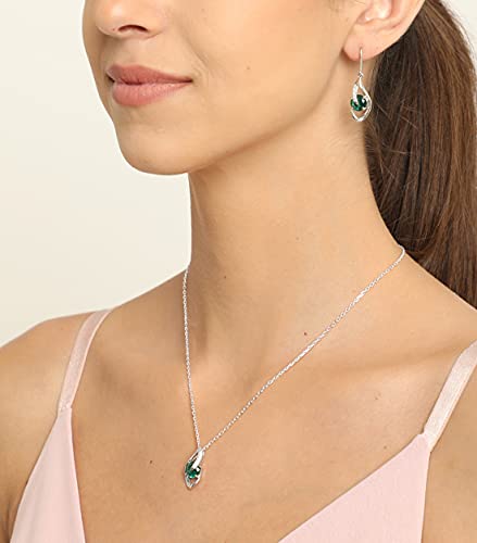 Image of CLARA 925 Sterling Silver Dark Green Eye Pendant Earring Chain Jewellery Set | Rhodium Plated, Swiss Zirconia | Gift for Women & Girls