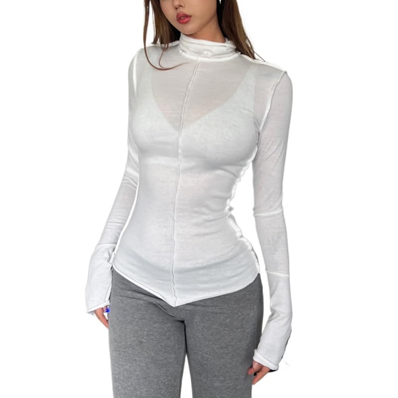 Amazon.com: Women's Long Sleeve Mesh Top White Sheer Tshirt High