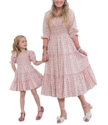 Mommy and Me Dresses Matching Set Summer Boho Dress Square Neck Ruffle Sleeves Floral Tiered Dress for Women and Girls