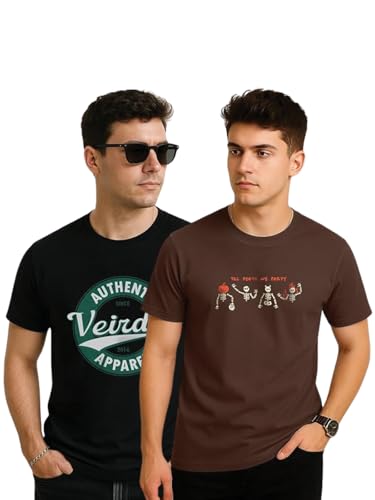 Image of Veirdo Men's Trendy Graphic Regular Fit T-Shirt Combo Pack of 2 | Casual Pure Cotton Round Neck Tees | Stylish Fashion Tops for Everyday Wear | Sizes: S to XXL