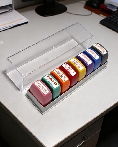 Office Stamps Set 8-Pack Self-Inking Business Stamp for Office Document Reply Quick Work Info Handling Stamp with Storage Tray - Thumbnail 3