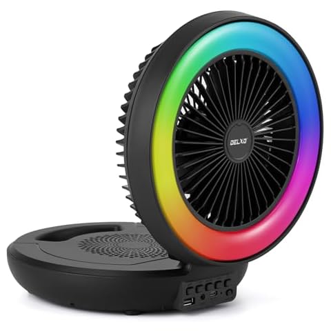 Delxo Bluetooth Speaker with LED Night Light for Bedroom,Wireless Bluetooth Speakers with Desk Fan Rechargeable,Portable Bluetooth Speaker Outdoor with Cool Atmosphere Light,Black Cover
