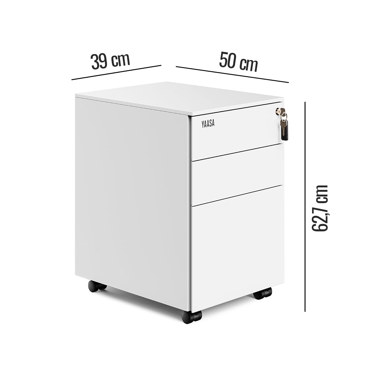 Yaasa File Cabinet Meuble de bureau à roulettes en acier avec 3 tiroirs verrouillables (blanc, standard)