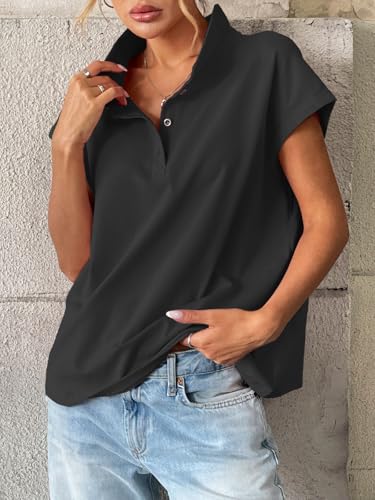 Womens Cotton Cap Sleeve Polo Shirts Oversized Short Sleeve Henley Neck Tops Summer Loose Fit Boxy Tees4