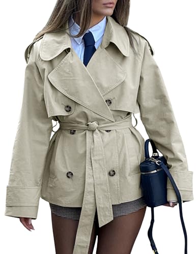 Lingswallow Cropped Trench Coat for Women Double Breasted Lapel Short Jacket Crop Coats with Belt