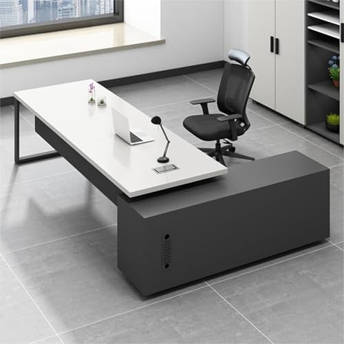 HOFMSX 木製エグゼクティブ大型デスク ホームオフィスエグゼクティブ用 L字型デスク モダンワークステーション スチール製 (ホワイト - 左、長さ63インチ x 幅30インチ、高さ)