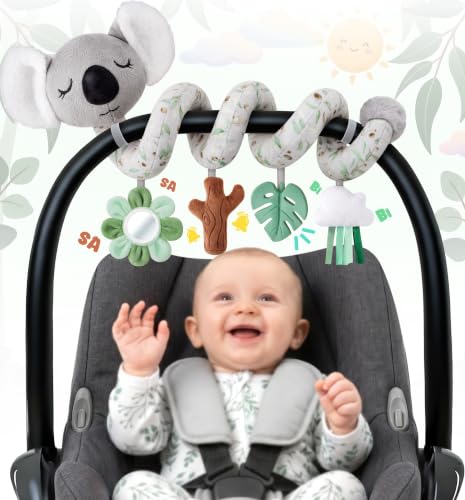 Image of Stuffed Aesthetic Koala Spiral Car Seat Toys for Babies, Gender Neutral Infant Stroller Toy with Teether Hanging, Baby Registry Search Must Haves 0-6 Months