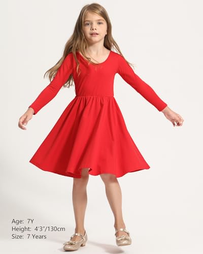 Image of Stelle Long Sleeve Girls Dress Toddler Dresses Skater Twirl Cotton A-Line Dress for School Casual | Criss Cross Back,Crew Neck,High Waist,Spinny Swing,Stretchable,Spring Fall Winter,Casual School Birthday Dance