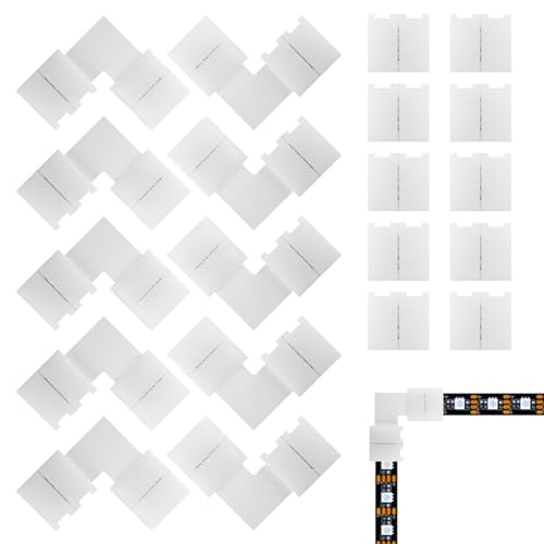 Connecteurs pour Bandes LED 4 Broches de 10mm, 20 Pièces Inclut 10 Connecteurs d'Angle en L et 10 Adaptateurs Droits sans Espace pour Bandes LED RGB SMD 5050