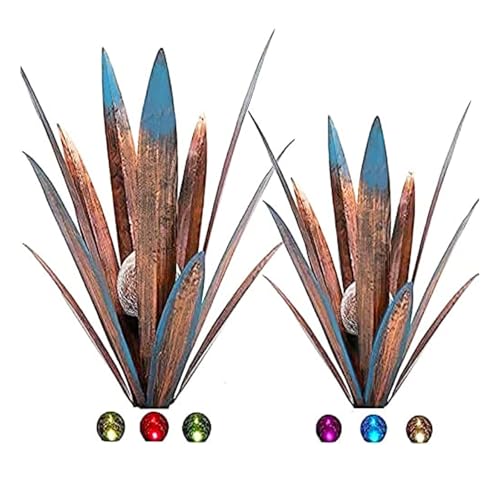 2pcs Tequila Sculpture Metal Agave Plant Home Decor Rustic Hand Painted Figurines Yard Decorations Lawn Ornaments?Multi-Color LED Solar Light ?