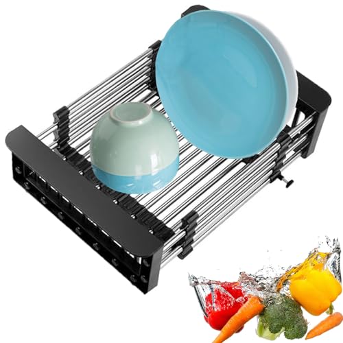 Tatqilo Dish Drainer Rack, Over Sink Dish Rack, Expandable Draining Board Rack, Stainless Steel Kitchen Drying Rack, Rust Resistant, Sink Drainer Rack for Dishes, Cutlery, Cups, Vegetables, Black