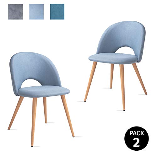 Mc Haus LUNA - Pack 2 Sillas Nórdicas Comedor Tapizadas en tela Azul océano, Butaca Salón Dormitorio Respaldo con apertura y Asiento Acolchados y patas de metal efecto Madera 49x46x76cm